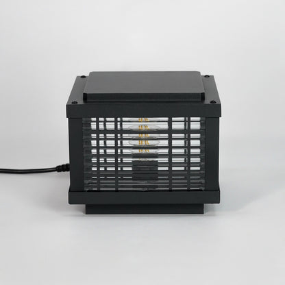 Black metal outdoor gate light with mesh frame for modern exterior decor styling use.