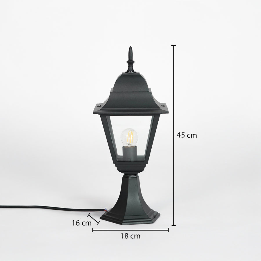 Black outdoor gate light dimension image with 45 cm height and 16 cm width for exterior decor use.