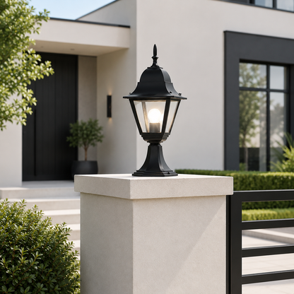 Lifestyle image of large mid-century outdoor gate light for elegant patio decor styling and modern exterior home lighting.