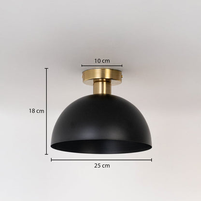Black ceiling light with gold base and dome shade shown with dimensions 25cm width and 18cm height for modern ceiling decor.