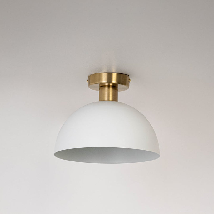 White ceiling light with gold fitting and dome shade in off mode displayed on clean white background for home interior lighting.