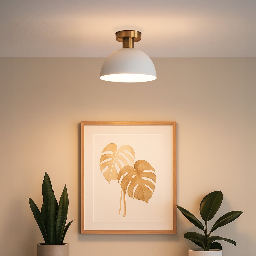 Modern white ceiling light with gold fitting and dome shade glowing warmly above wall art for elegant home ceiling lighting.