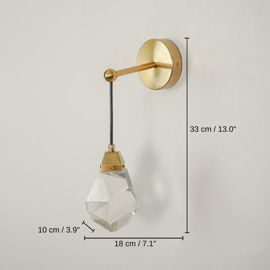 Modern gold wall light with faceted glass shade, 17 x 18 x 10 cm (6.7 x 7.1 x 3.9 inches) dimensions
