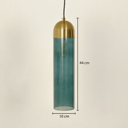 Dimension image of teal glass pendant light with gold metal accents for contemporary home decor.