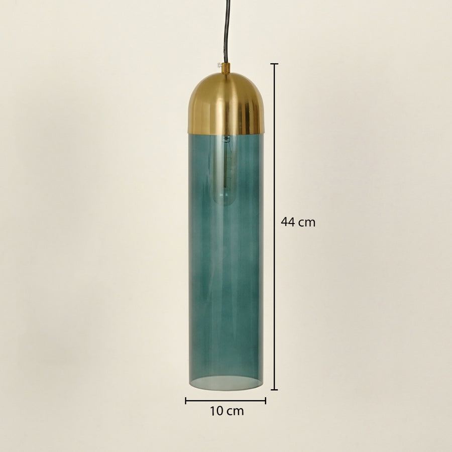 Dimension image of teal glass pendant light with gold metal accents for contemporary home decor.