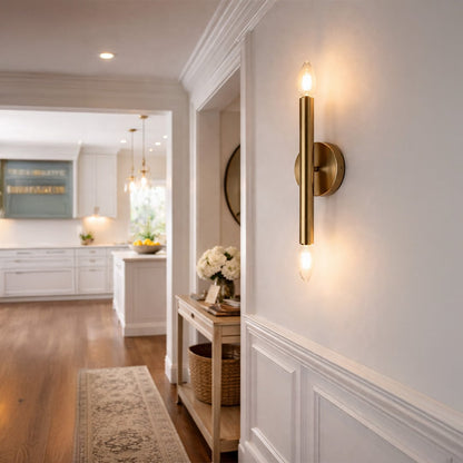modern glowing gold metal tube wall sconce main lifestyle