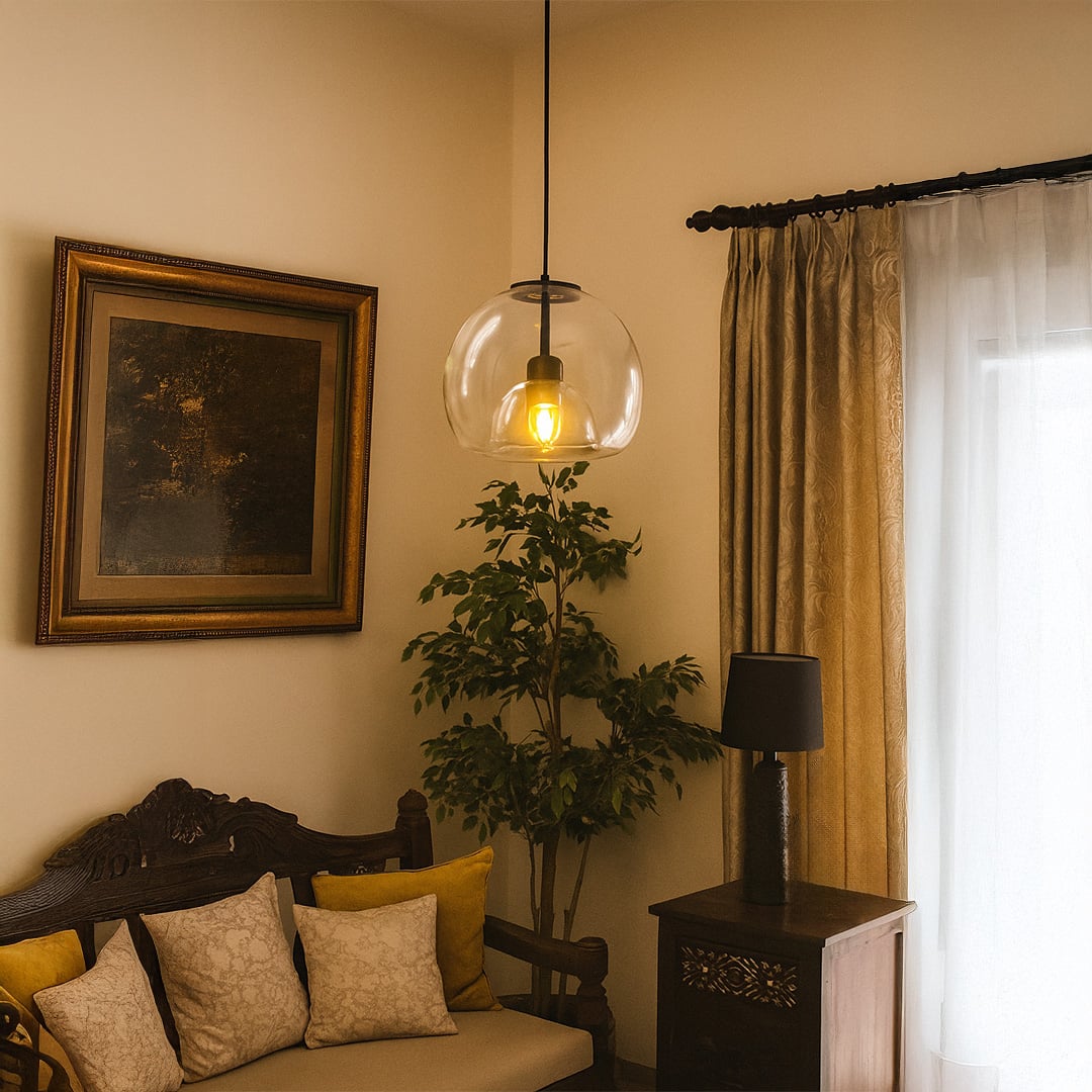 Table lamp with a clear glass dome pendant hanging above a classic wooden sofa in a warm living room with framed artwork and neutral decor.