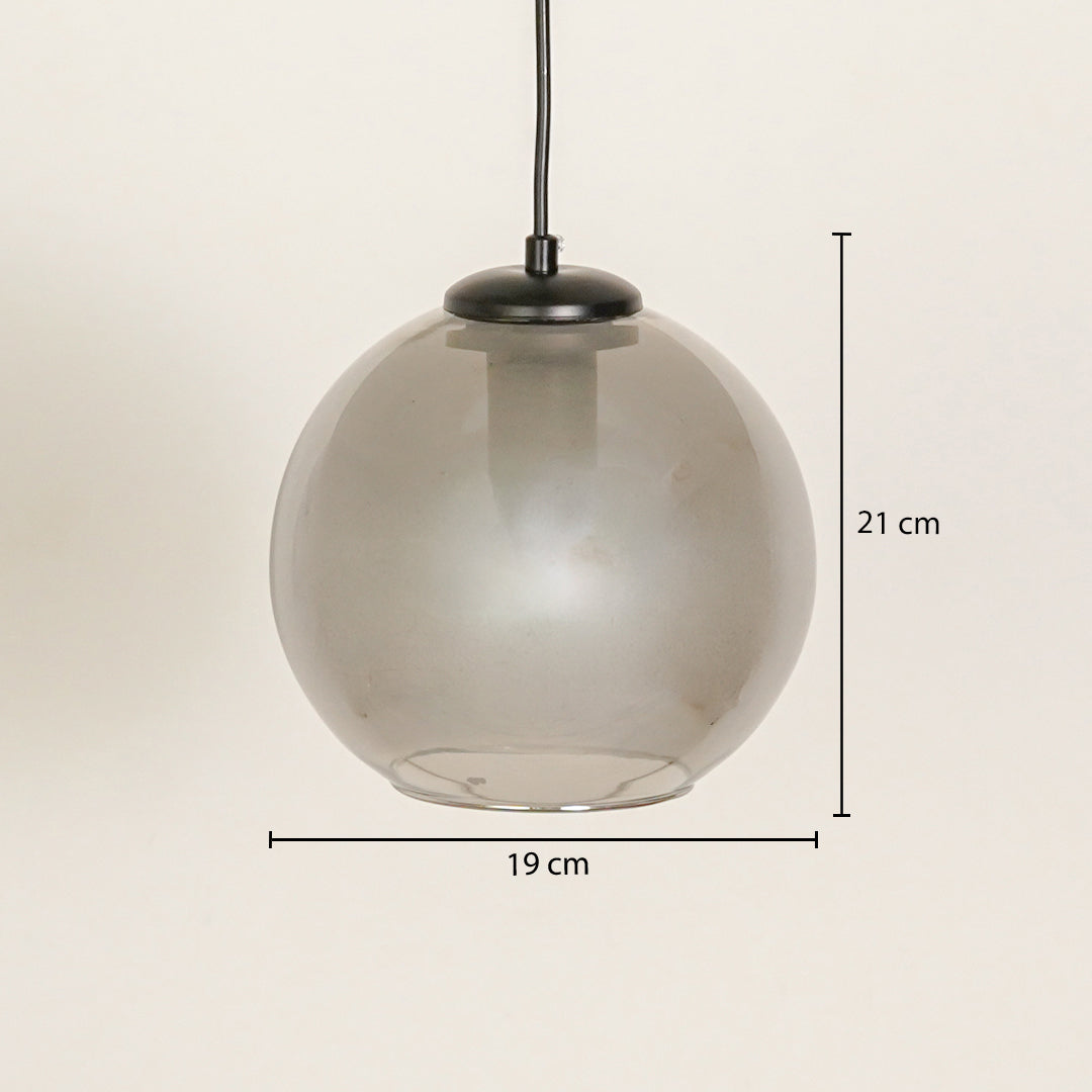 Smoked glass globe pendant light with black metal finish and size details for easy selection.