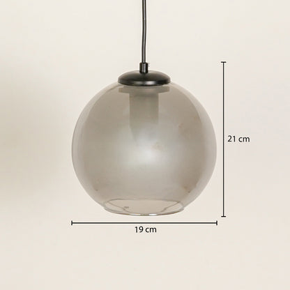 Smoked glass globe pendant light with black metal finish and size details for easy selection.