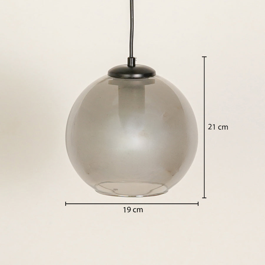 Smoked glass globe pendant light with black metal finish and size details for easy selection.