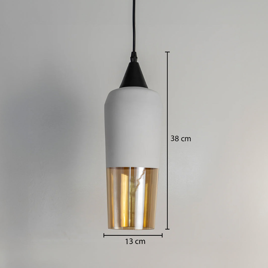 Dimension image of white metal and clear glass pendant light showing 38 cm height and 13 cm width.