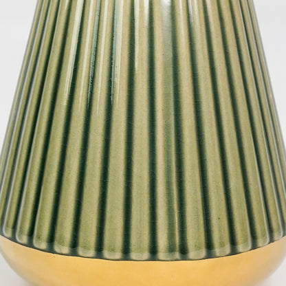 Closeup image of minimalist green gold ceramic vase for elegant tabletop decor styling highlighting modern smooth finish.