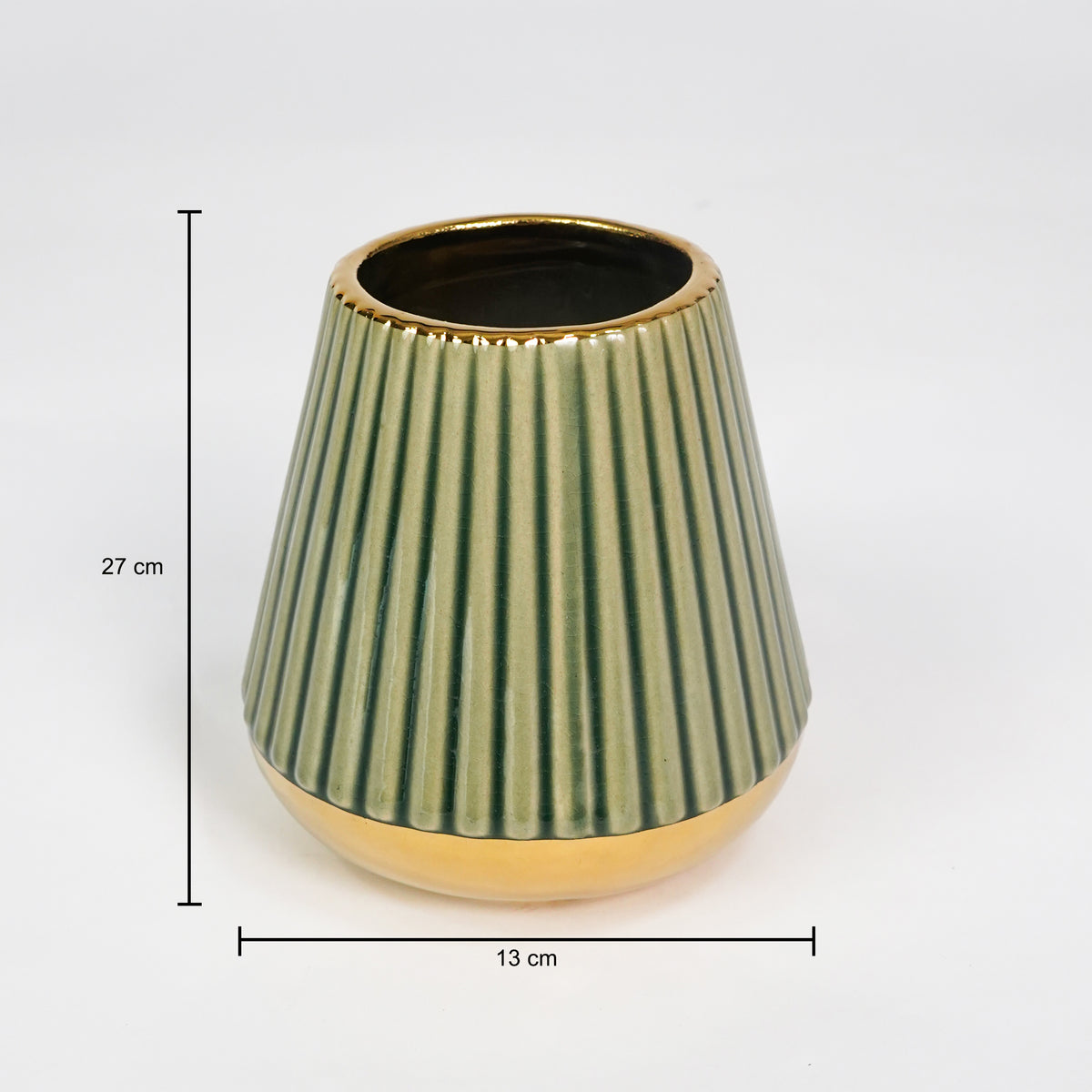 Dimension image of minimalist green gold ceramic vase for elegant tabletop decor styling highlighting modern smooth finish.