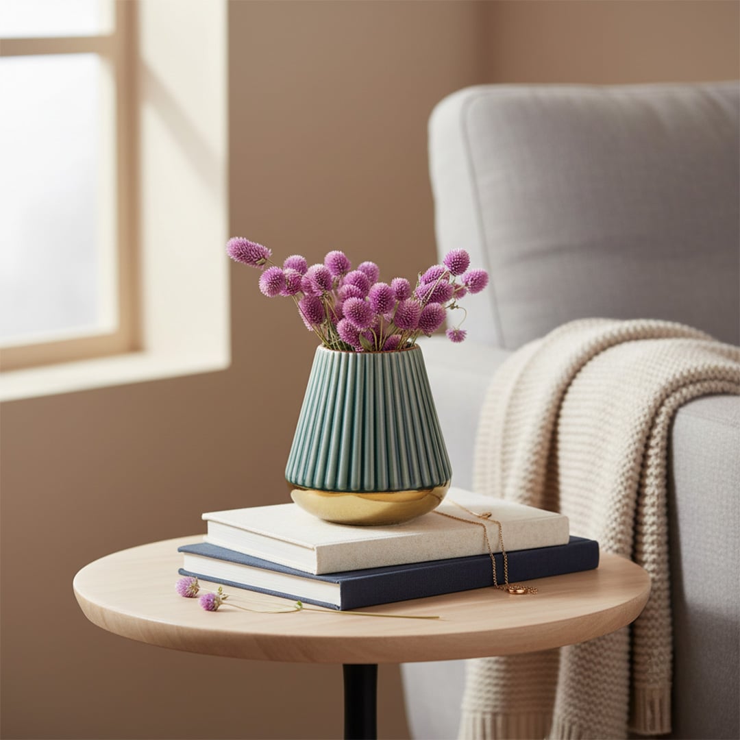 Small green ribbed ceramic vase with a shiny gold base filled with purple dried flowers placed on stacked books atop a round wooden table beside a beige sofa and soft throw  creating a cozy home setting.