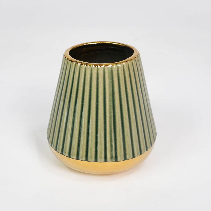 Dimension image of plum brown gold ceramic vase for elegant tabletop decor styling with modern smooth decorative finish set.
