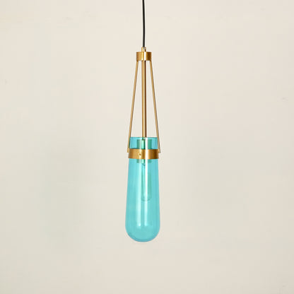 White background image of modern minimalist hanging glass water drop pendant light for elegant dining room decor styling and modern home lighting.