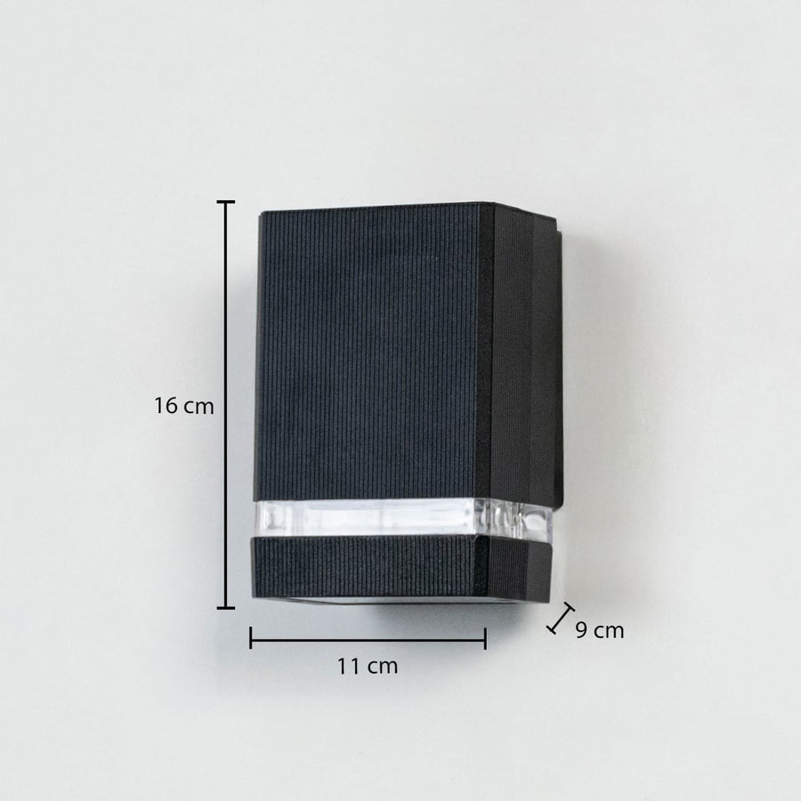 Compact rectangular black wall light dimension image showing 16 cm height and 11 cm width with sleek finish.