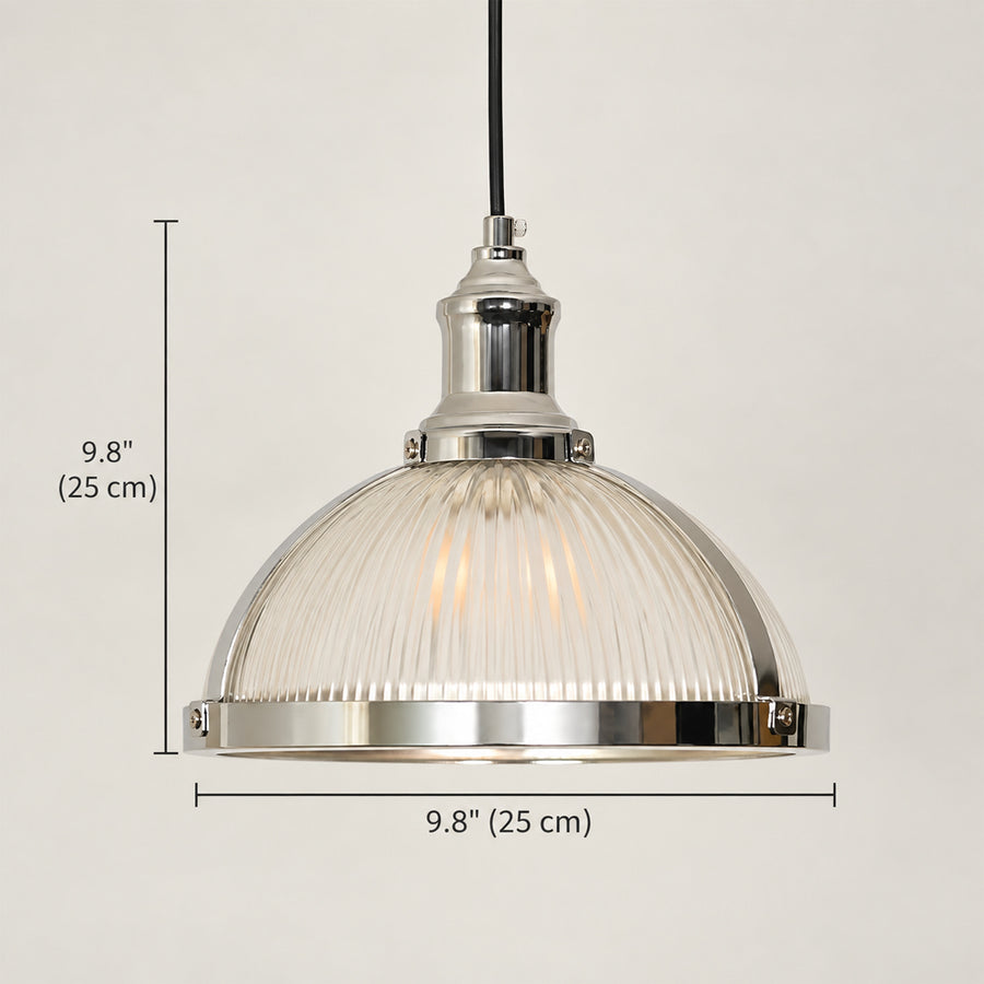 A hanging pendant light with a ribbed clear glass dome and polished silver metal top and trim, shown against a light neutral background with dimension lines indicating 9.8 inches height and width.