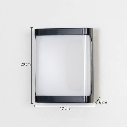 Modern outdoor wall light in black metal with frosted glass mounted on wall showing 20 cm height 17 cm width and 6 cm depth.