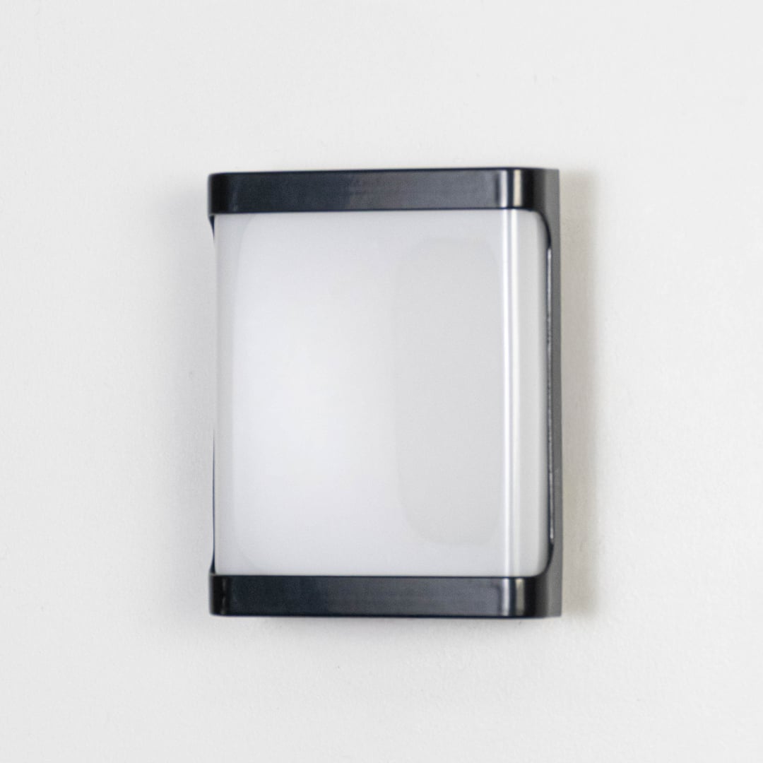 Contemporary black wall light with frosted shade displayed off on plain white background.