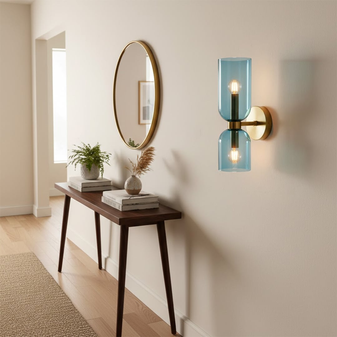 Modern blue glass wall light in luxury hallway interior for elegant living room and contemporary home decor spaces.