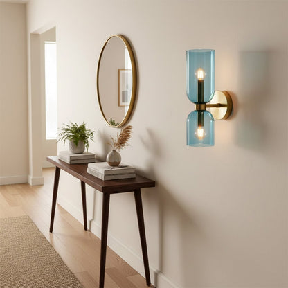 Modern blue glass wall light in luxury hallway interior for elegant living room and contemporary home decor spaces.
