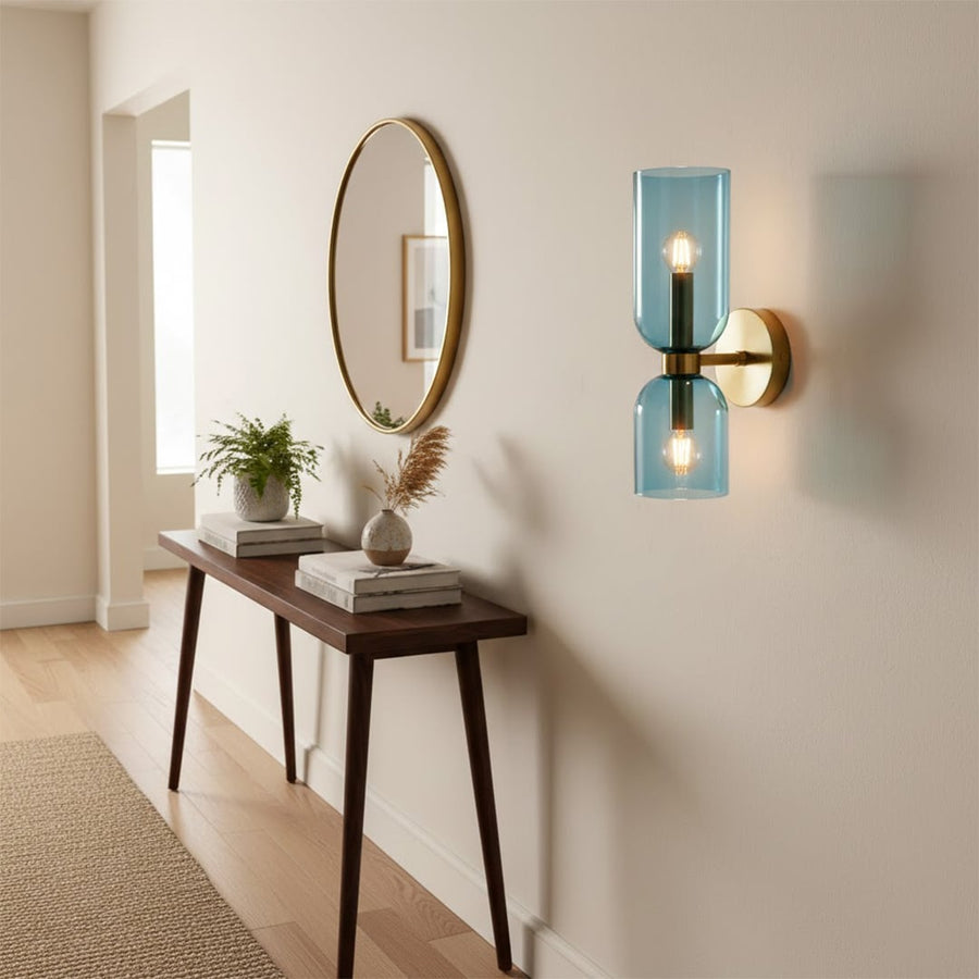 Modern blue glass wall light in luxury hallway interior for elegant living room and contemporary home decor spaces.