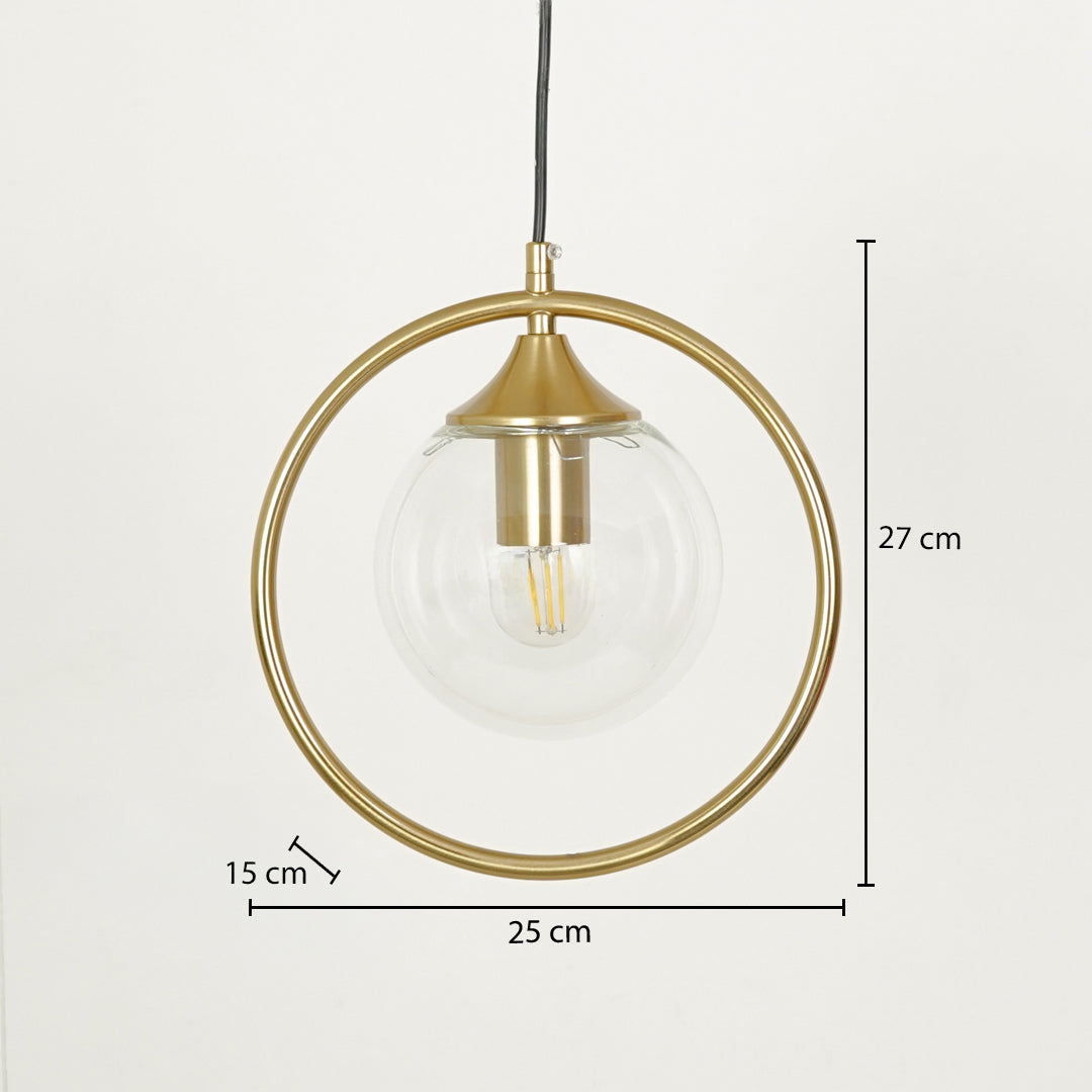 Gold ring pendant light with clear glass shade and brass finish showing elegant ceiling light dimensions.