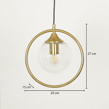 Gold ring pendant light with clear glass shade and brass finish showing elegant ceiling light dimensions.