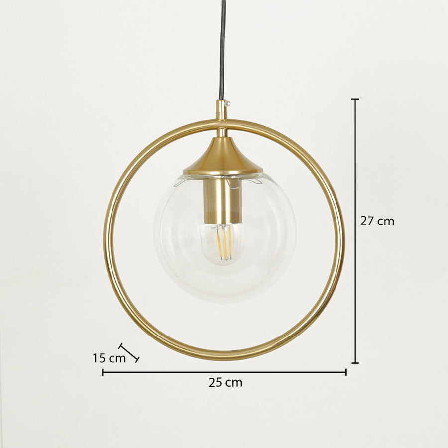 Gold ring pendant light with clear glass shade and brass finish showing elegant ceiling light dimensions.