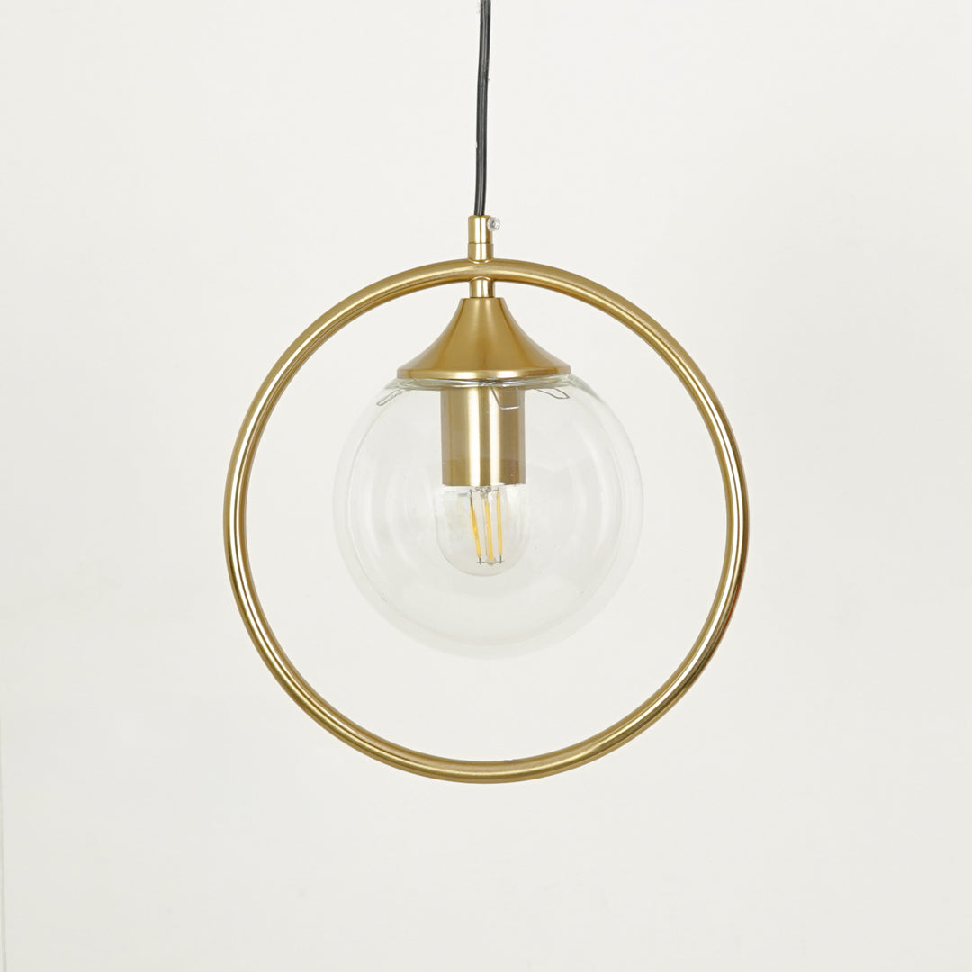 Gold ring pendant light with clear glass globe and brass finish for modern home lighting.