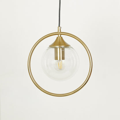 Gold ring pendant light with clear glass globe and brass finish for modern home lighting.