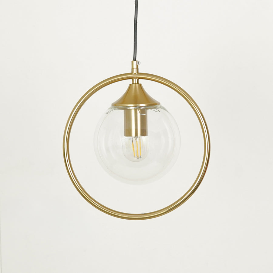 Gold ring pendant light with clear glass globe and brass finish for modern home lighting.
