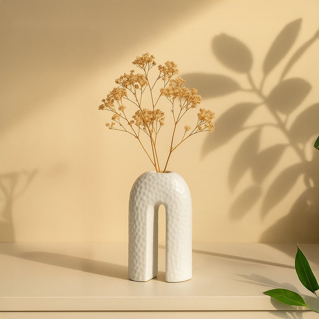 White ceramic arch-shaped vase with textured surface placed on beige background for modern artistic home decor.