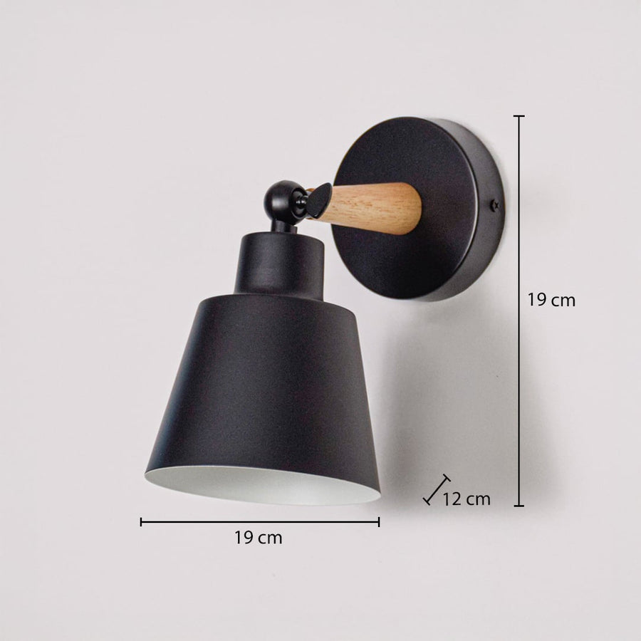 Wooden wall sconce with black lampshade dimension view 19.5 cm width 16.5 cm height 14.5 cm depth for bedroom hallway and study modern wall lighting.