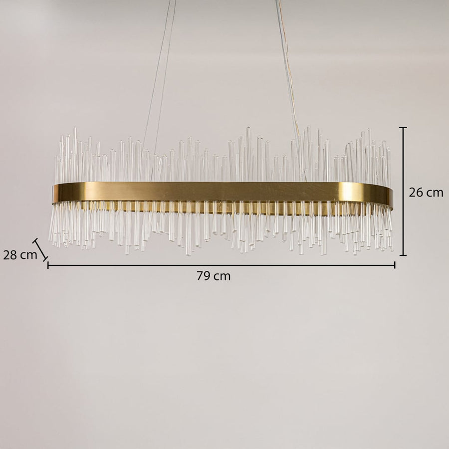 Gold metal chandelier shown with precise measurements including 79 cm width 28 cm depth and 26 cm height for accurate hanging and room planning.