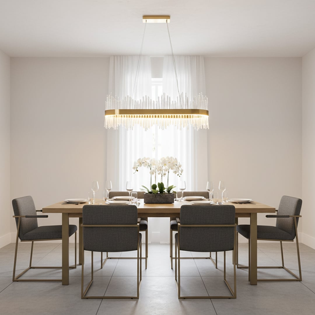 Gold metal chandelier with clear glass rods glowing warmly above a modern dining table creating an elegant bright and luxurious interior atmosphere.