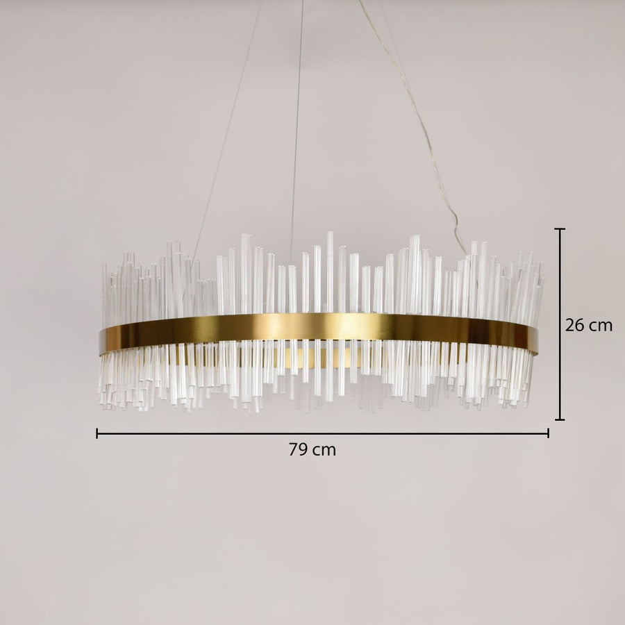 Gold metal chandelier with clear glass rods measuring 79 cm length and 26 cm height ideal for dining table and living room ceiling.