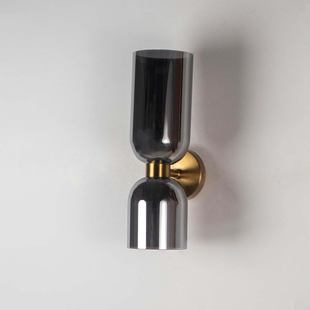 Modern Dual Light Smoky Grey Glass & Metal Wall Light Light Off White Background
