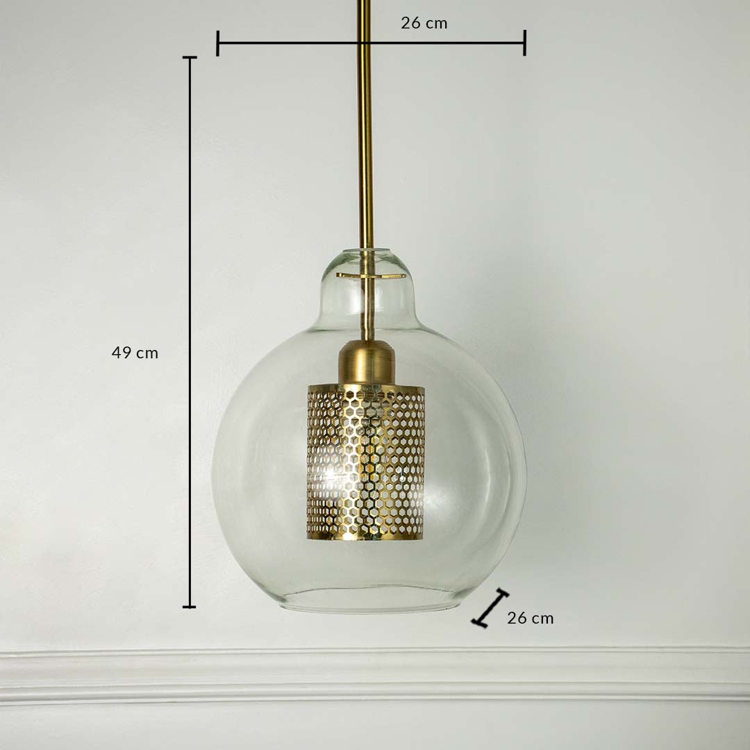 Glass pendant light with golden mesh detail measured 49x26 cm modern ceiling lamp perfect for dining room and living interiors.