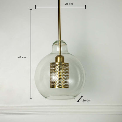 Glass pendant light with golden mesh detail measured 49x26 cm modern ceiling lamp perfect for dining room and living interiors.