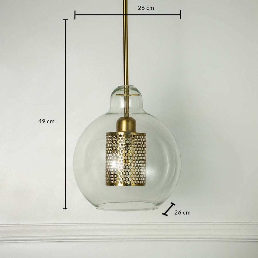 Glass pendant light with golden mesh detail measured 49x26 cm modern ceiling lamp perfect for dining room and living interiors.