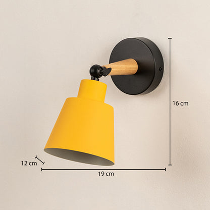 Yellow wall light with black base on white background showing size details modern angled shade perfect for bedroom and study lighting decor.
