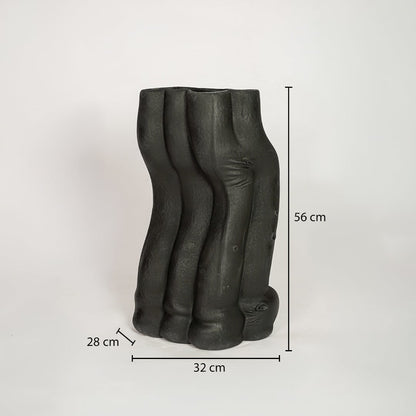 Black ceramic decorative floor vase showing 32 cm width 28 cm depth and 56 cm height ideal for living room floor decor display.