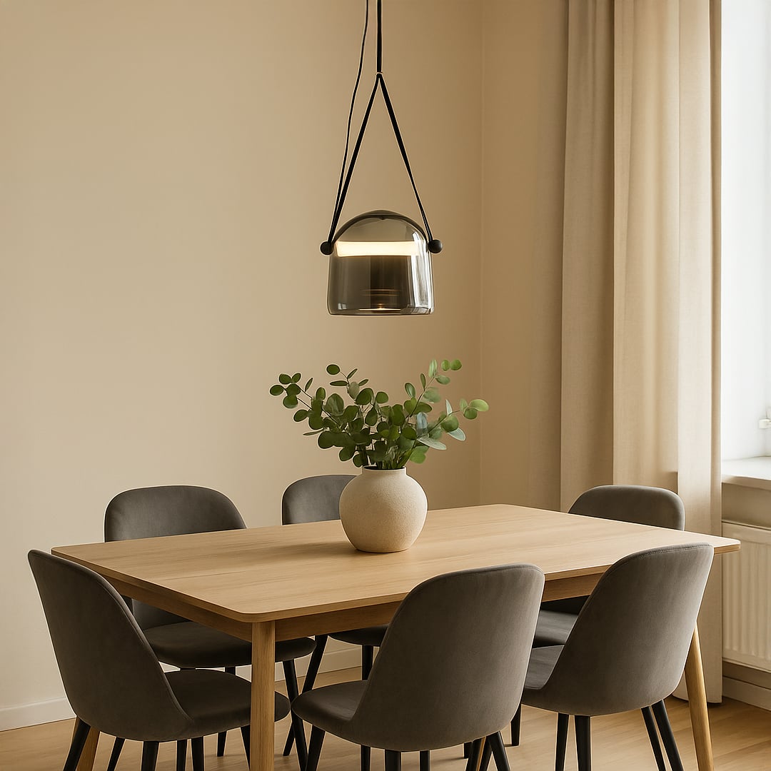 Modern pendant light with glass shade hanging above wooden dining table creating warm ambient lighting for minimalist dining room interior.