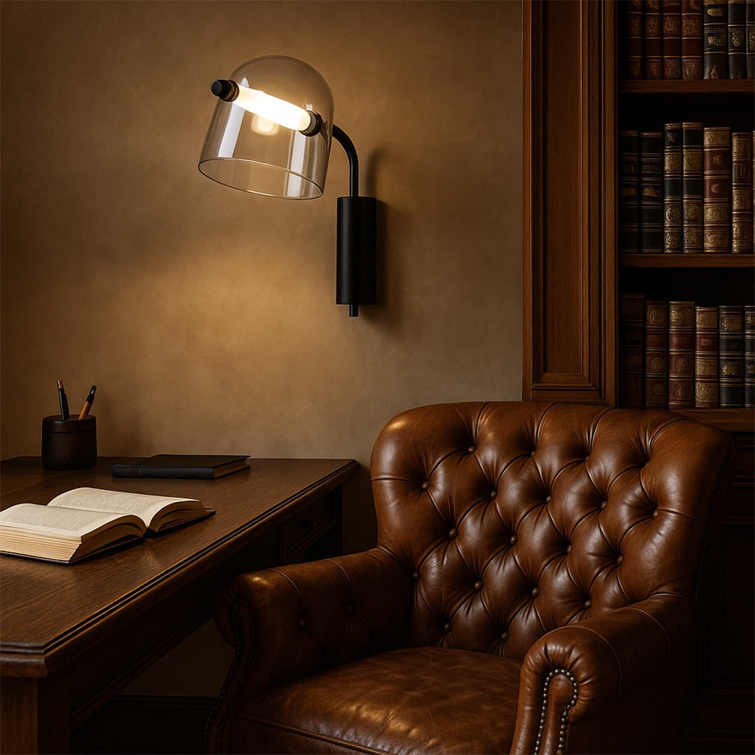 Modern wall light installed above a study desk in a classic library setting casting warm focused light over a leather chair wooden table and books for an elegant reading atmosphere.