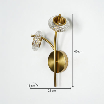Gold metal wall light with crystal glass shades sized 40 cm height 23 cm width and 15 cm depth ideal for modern wall decor placement.
