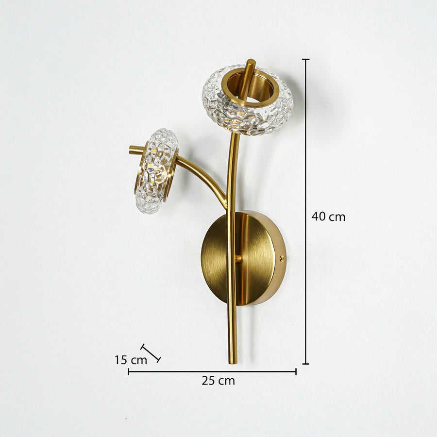 Gold metal wall light with crystal glass shades sized 40 cm height 23 cm width and 15 cm depth ideal for modern wall decor placement.