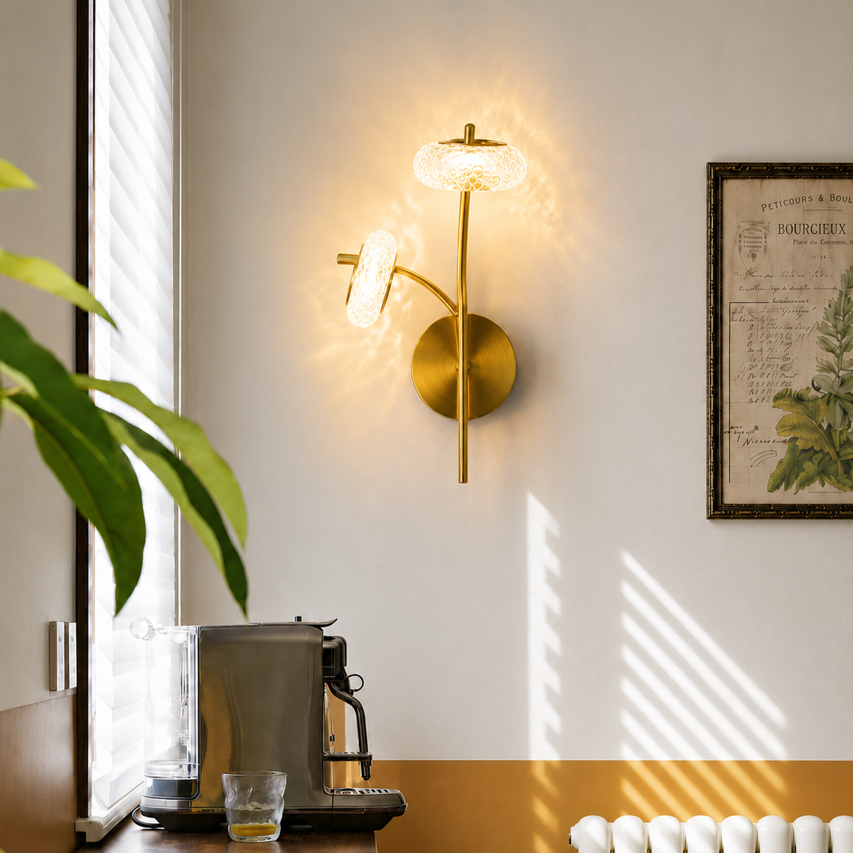 Lifestyle image of monaco donut metal wall sconce for elegant hallway decor styling and modern home interior lighting.