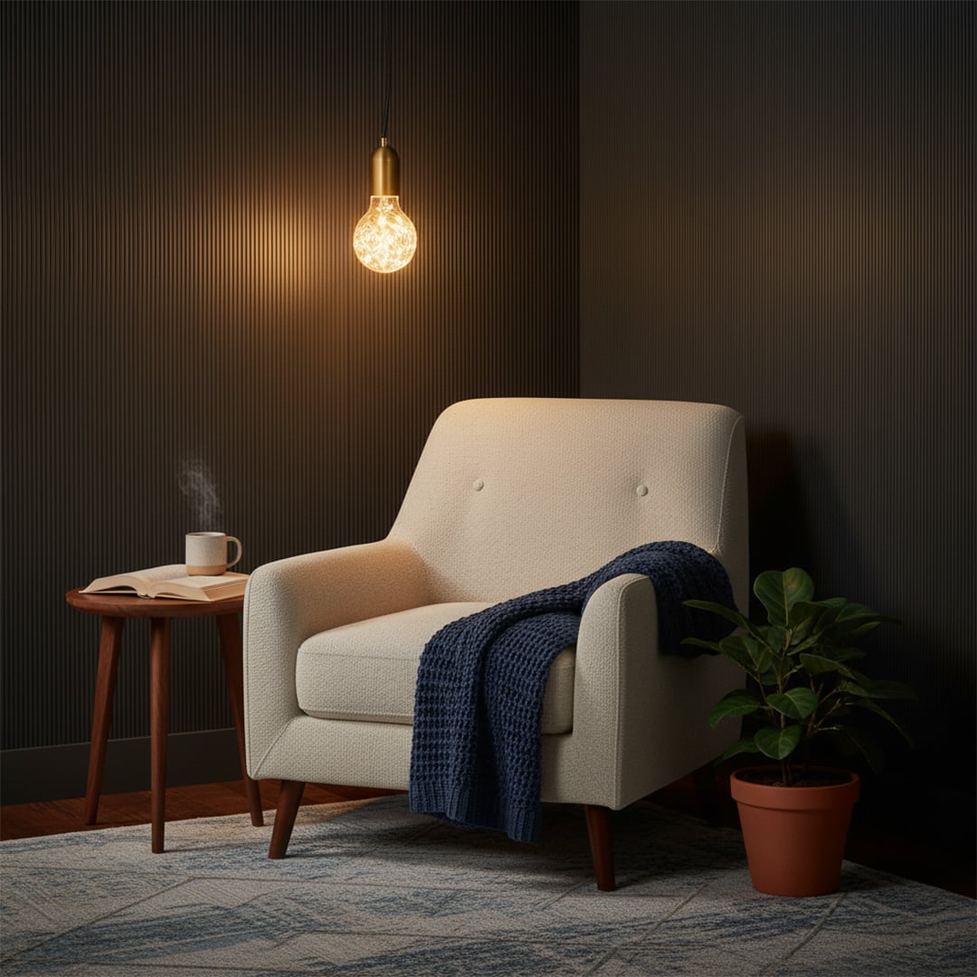 Hanging pendant bulb with warm light placed beside armchair creating cozy ambiance and stylish accent lighting for living room decor.